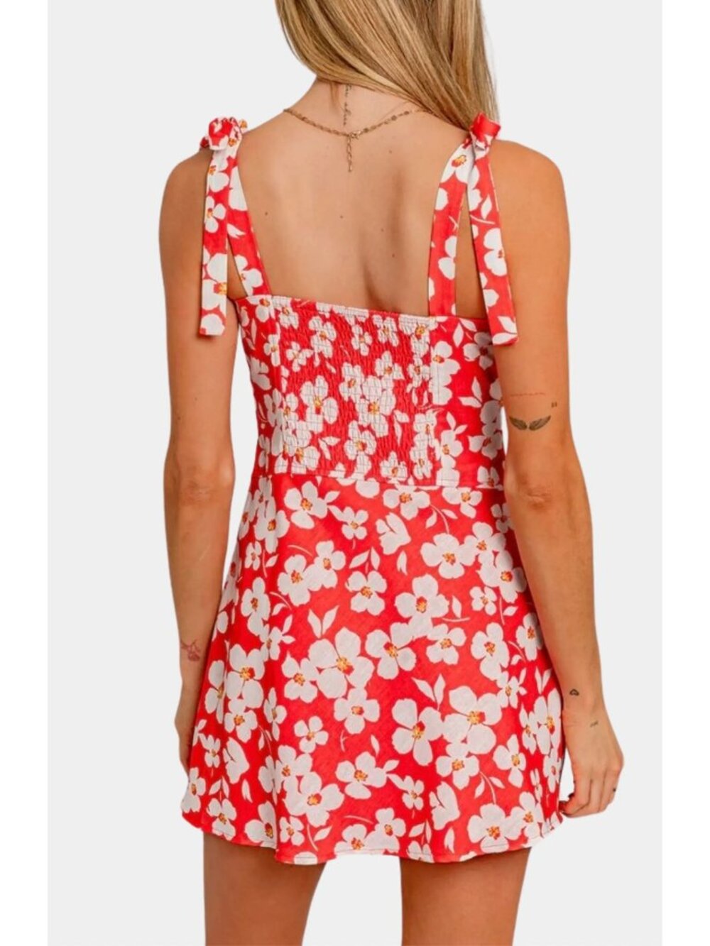 Hausen Hope Mini Dress Red White Floral Tie Strap Sundress Large - Picture 9 of 11